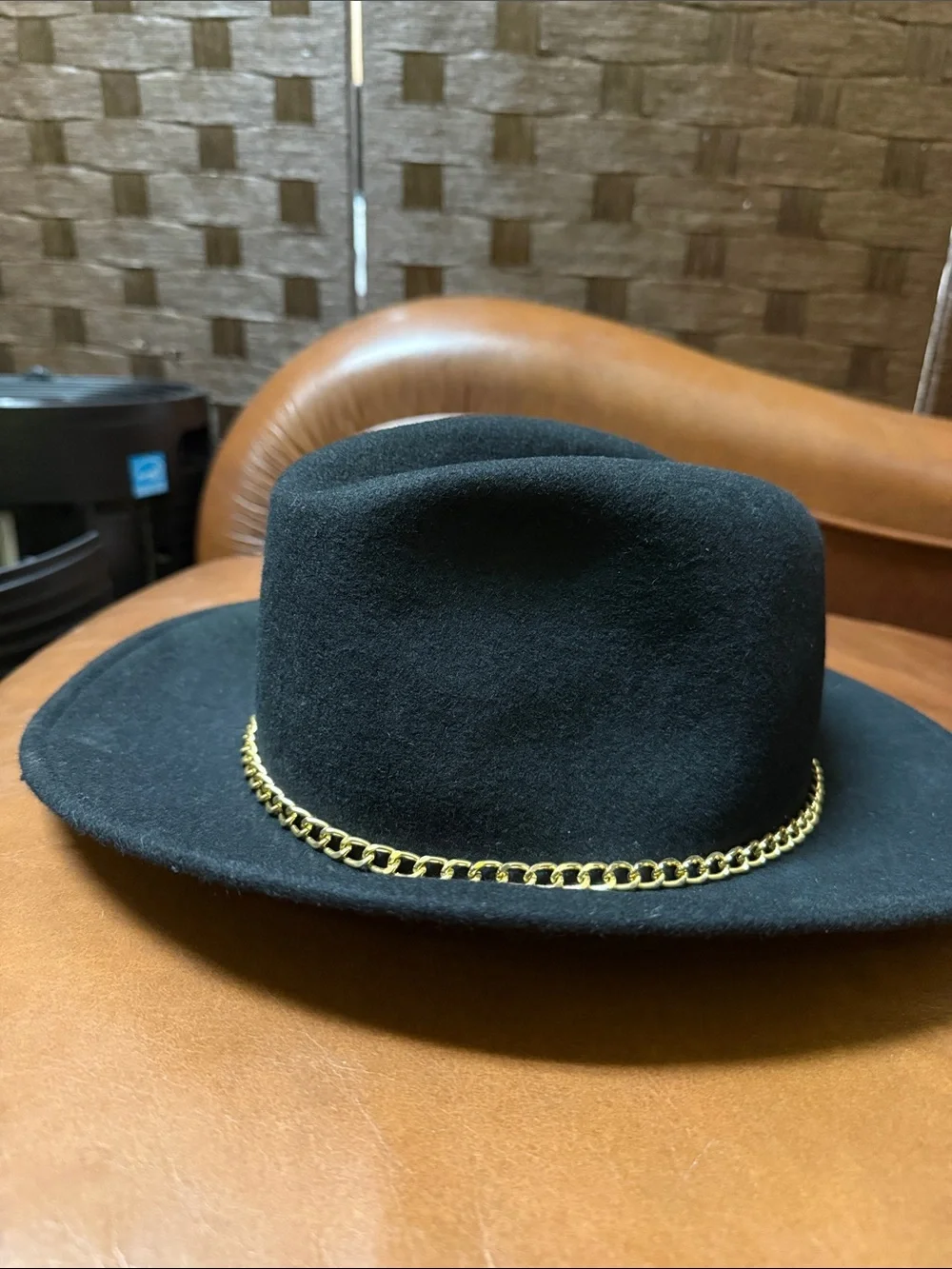 Gelso Bianco Pinched Black Fedora Hat featuring a gold chain band